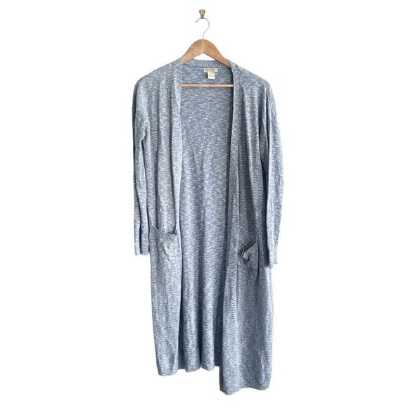Lucky Brand Cardigan Duster Sweater Women's M Blue White Open Front Pockets - Picture 1 of 6